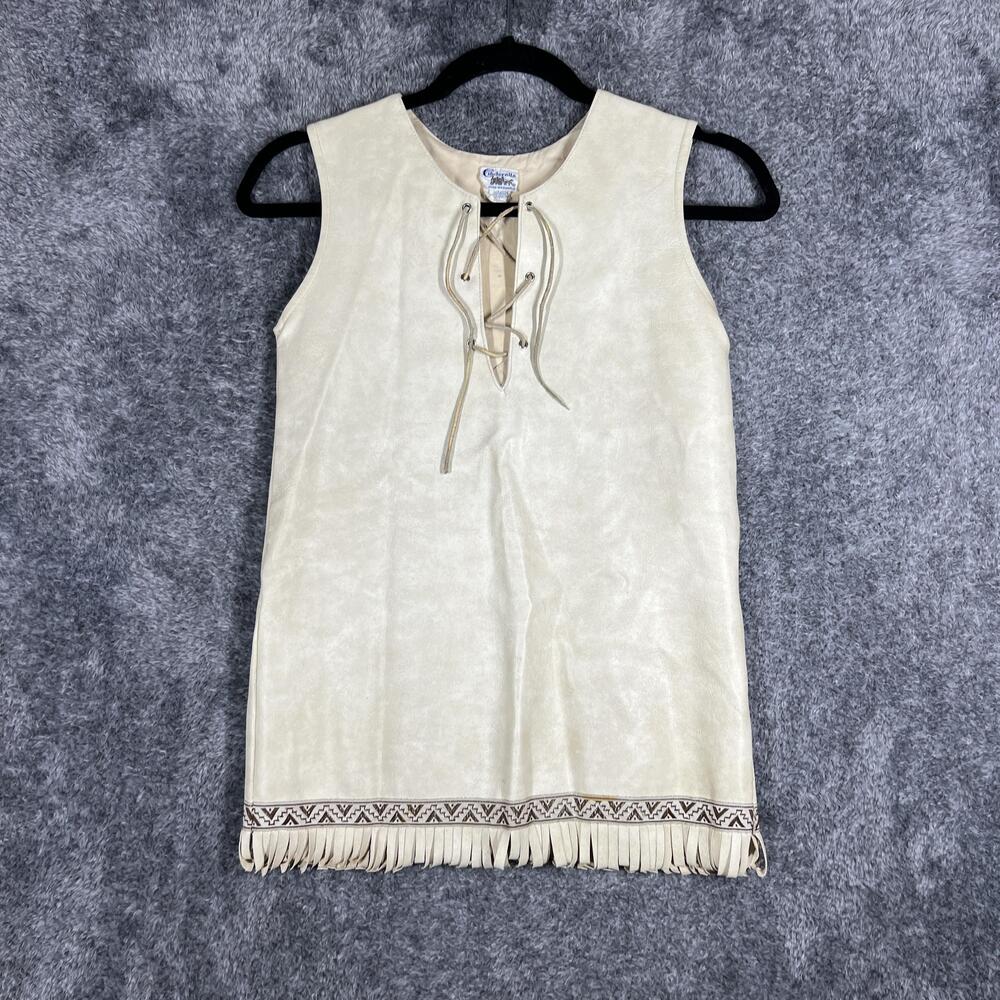 Cinderella Tank Womens S Beige Tunic Faux Leather Lace Up Fringe Embroidered